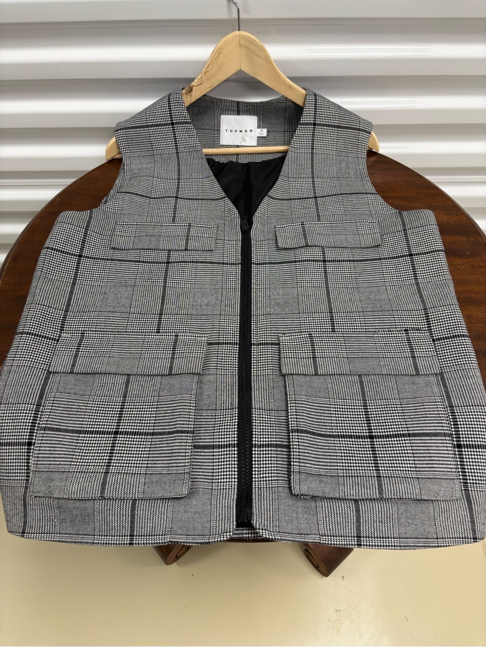 Topman Black and Gray Glen Plaid Zip-Up Vest